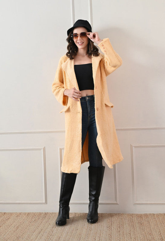 FLEECE LONG COAT Lapel Collar Beige