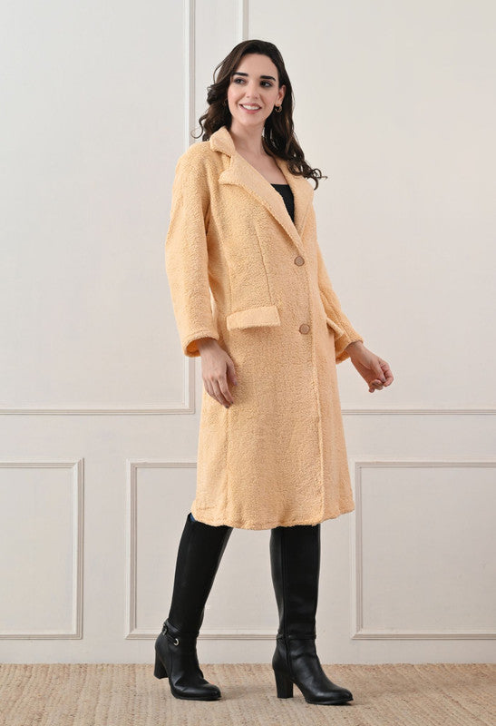 FLEECE LONG COAT Lapel Collar Beige