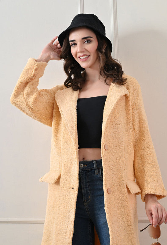 FLEECE LONG COAT Lapel Collar Beige