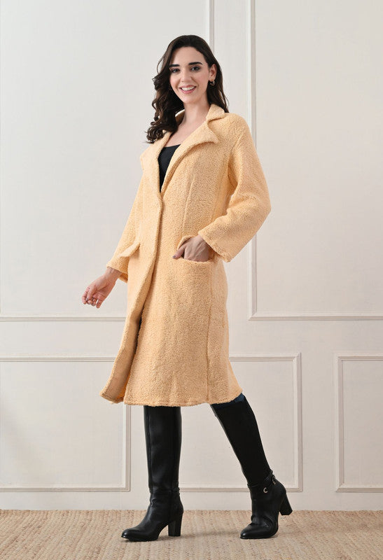 FLEECE LONG COAT Lapel Collar Beige
