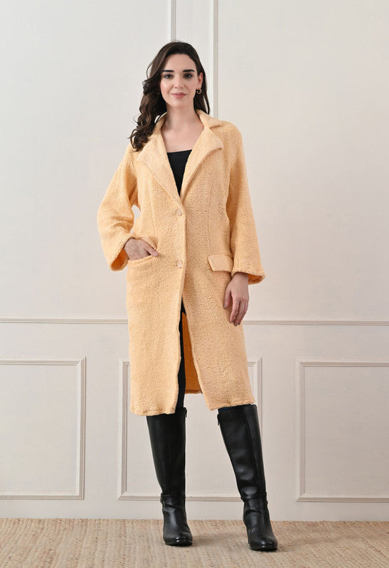 FLEECE LONG COAT Lapel Collar Beige
