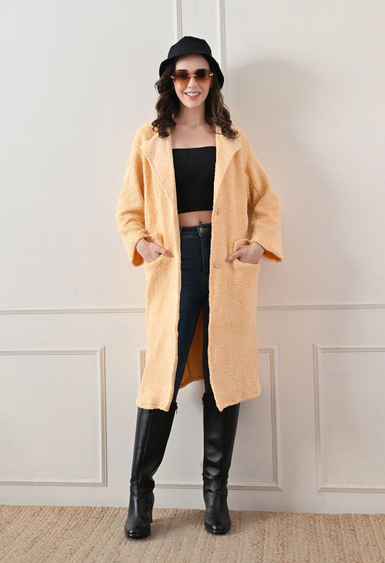 FLEECE LONG COAT Lapel Collar Beige