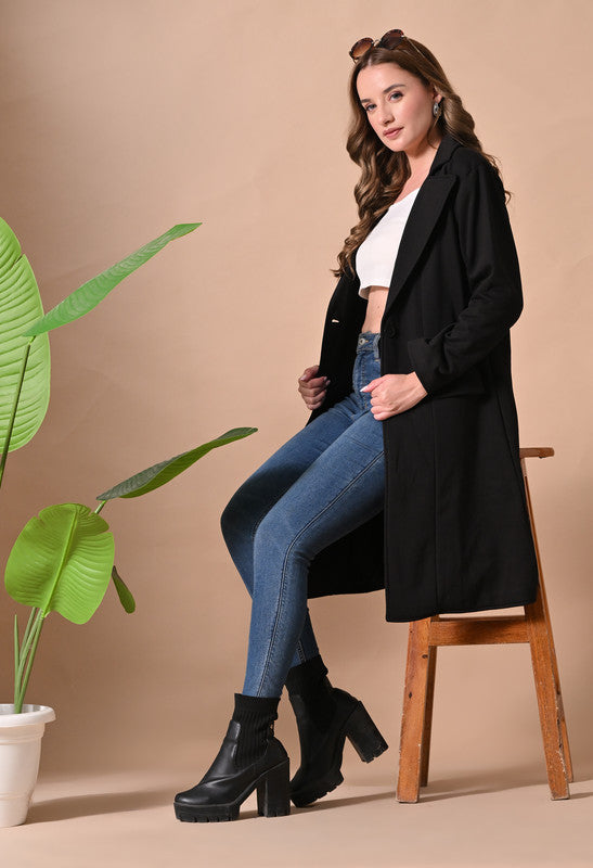 FLEECE LONG COAT Lapel Collar Black