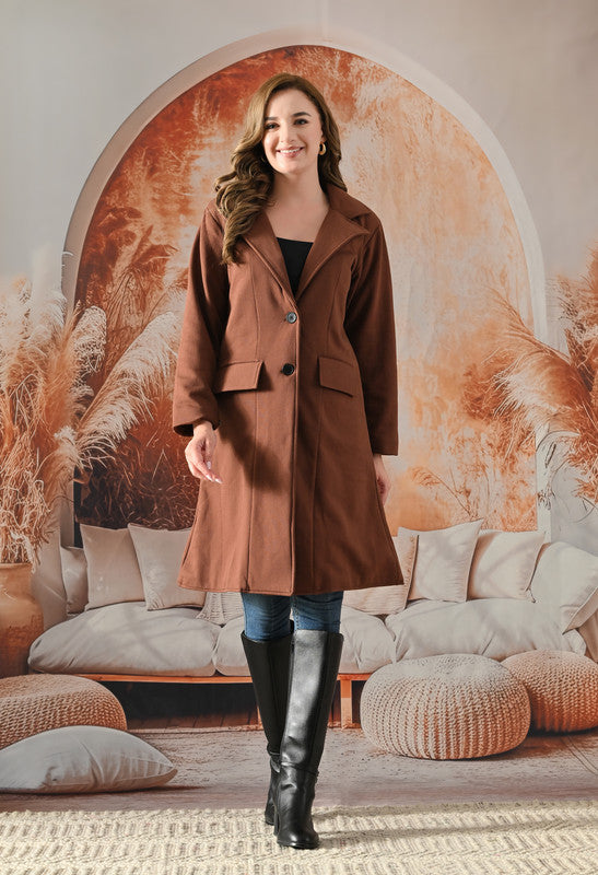 FLEECE LONG COAT Lapel Collar BROWN