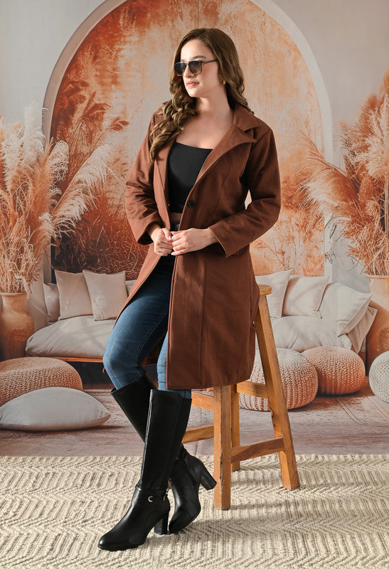 FLEECE LONG COAT Lapel Collar BROWN