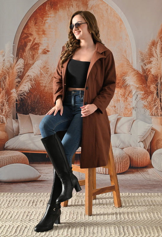 FLEECE LONG COAT Lapel Collar BROWN