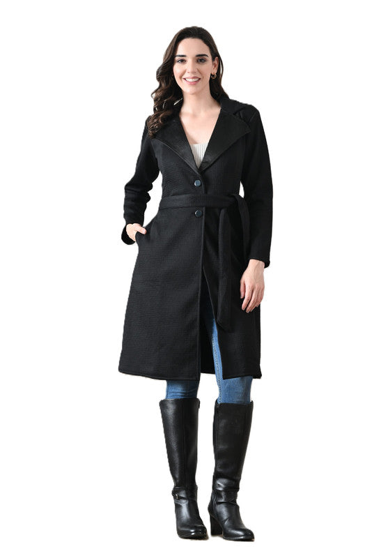 Velvet Long Winter Overcoat with Lapel Collar Black