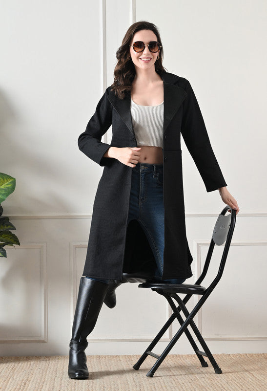 Velvet Long Winter Overcoat with Lapel Collar Black