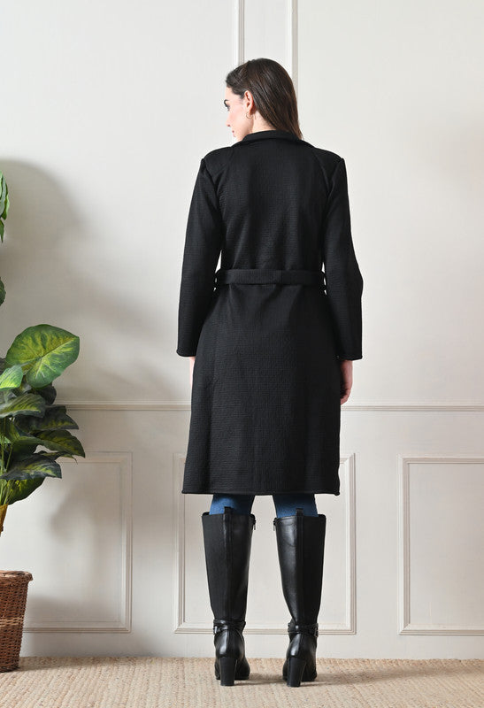 Velvet Long Winter Overcoat with Lapel Collar Black