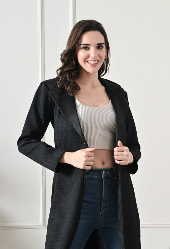 Velvet Long Winter Overcoat with Lapel Collar Black