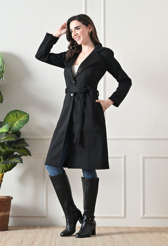 Velvet Long Winter Overcoat with Lapel Collar Black
