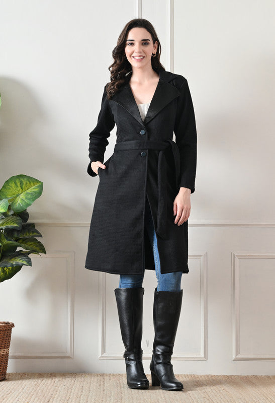 Velvet Long Winter Overcoat with Lapel Collar Black