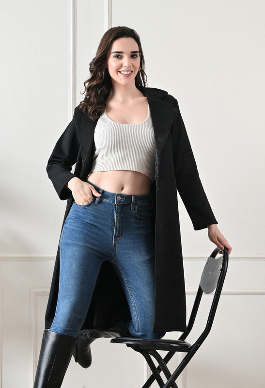 Velvet Long Winter Overcoat with Lapel Collar Black