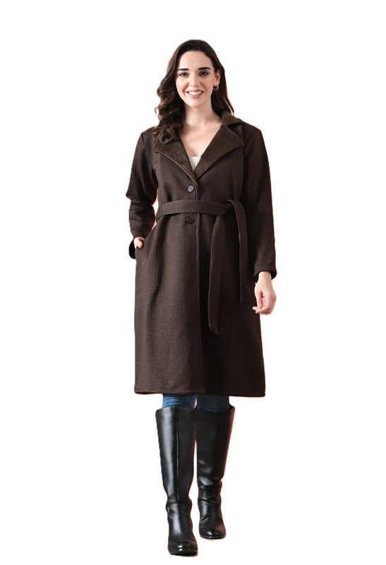 Velvet Long Winter Overcoat with Lapel Collar Brown