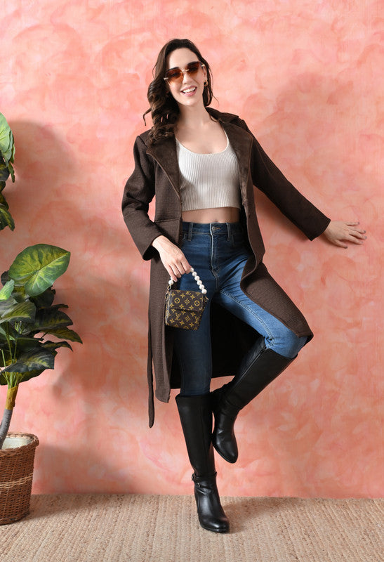 Velvet Long Winter Overcoat with Lapel Collar Brown