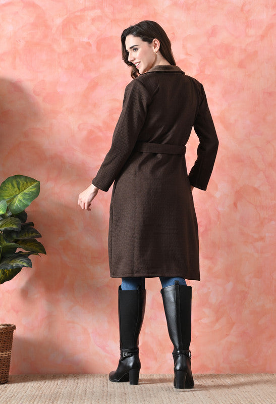 Velvet Long Winter Overcoat with Lapel Collar Brown