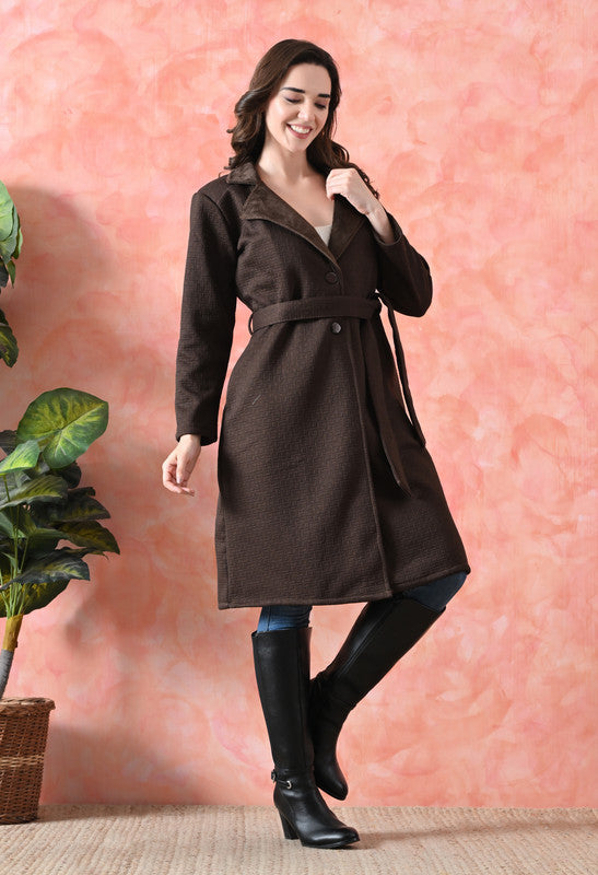 Velvet Long Winter Overcoat with Lapel Collar Brown