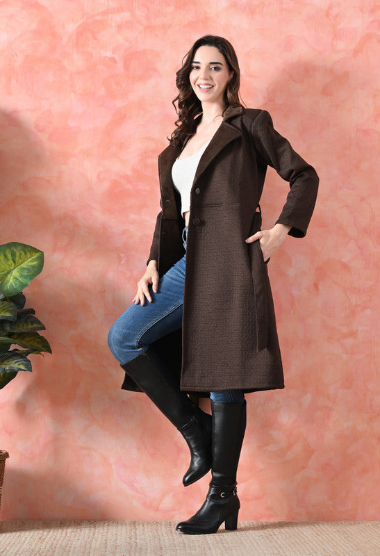 Velvet Long Winter Overcoat with Lapel Collar Brown