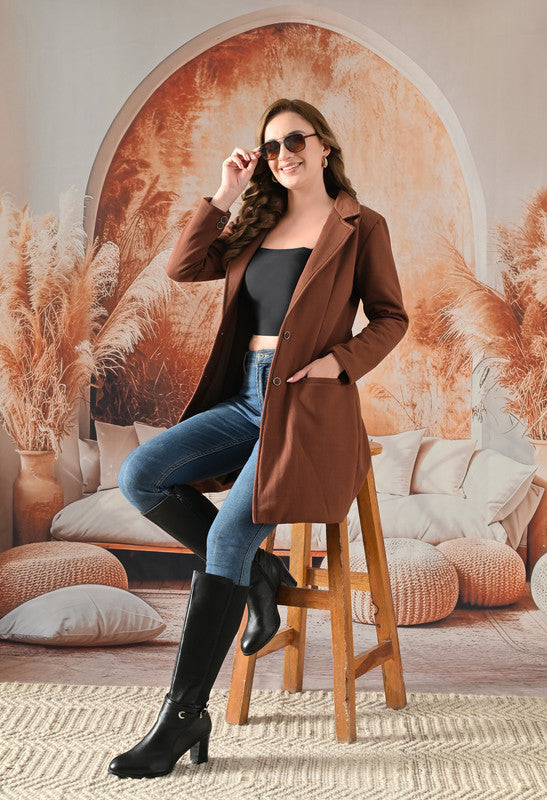Fleece Winter Overcoat Lapel Collar Full Sleeve Brown