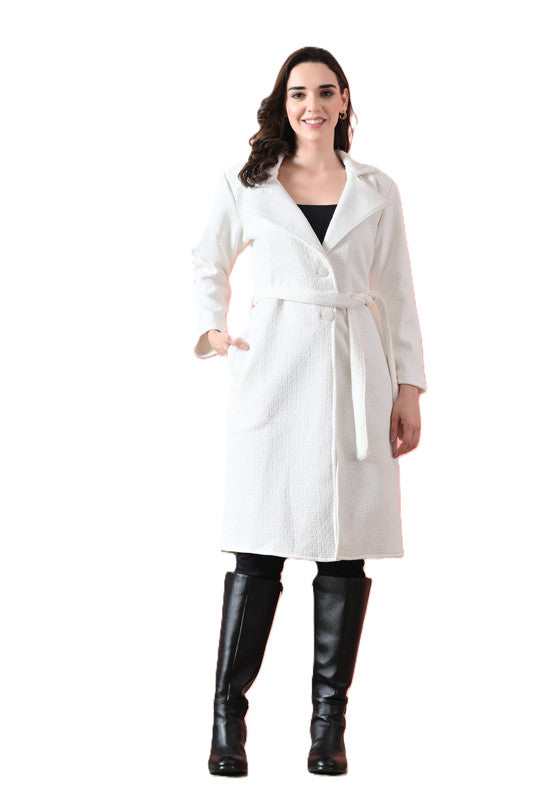 Velvet Long Winter Overcoat with Lapel Collar White