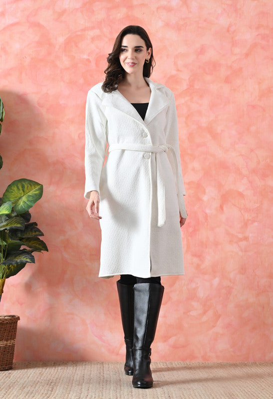 Velvet Long Winter Overcoat with Lapel Collar White