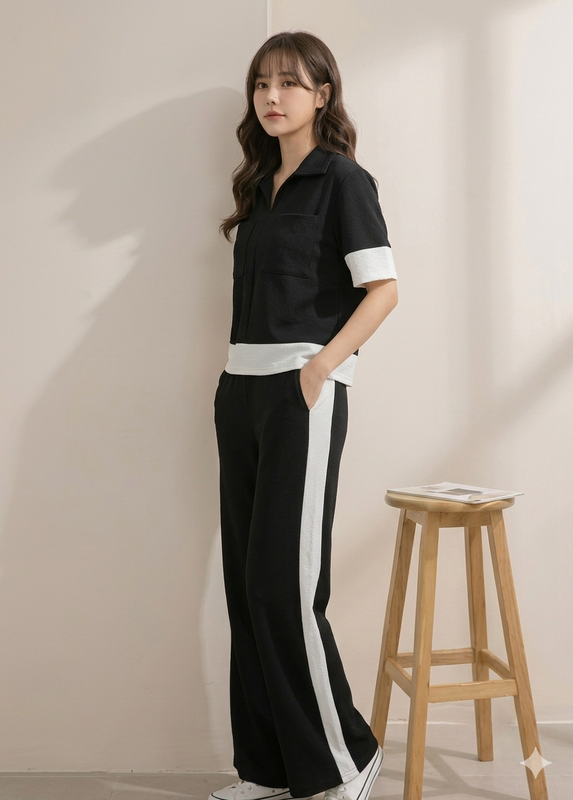 Black Casual Co-Ord Set Half Sleeve Top Wide Leg Pants