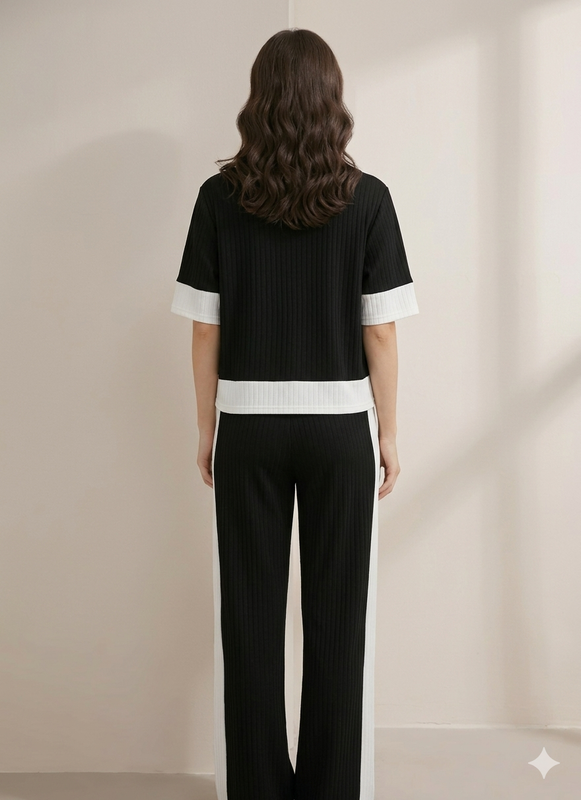 Black Casual Co-Ord Set Half Sleeve Top Wide Leg Pants